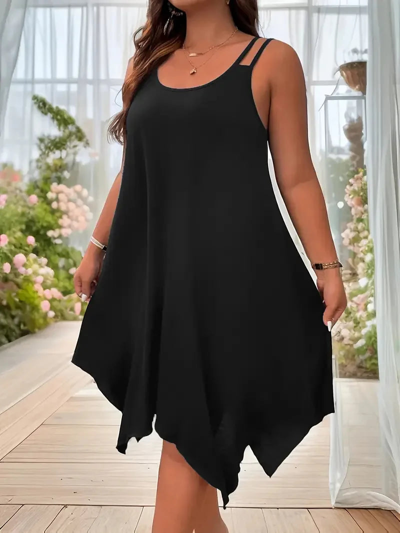 Plus Size Womens Solid Strappy Asymmetrical Hem T Shirt Midi Dress Ladies Sleeveless Casual Loose Summer Holiday Sundress XL-5XL