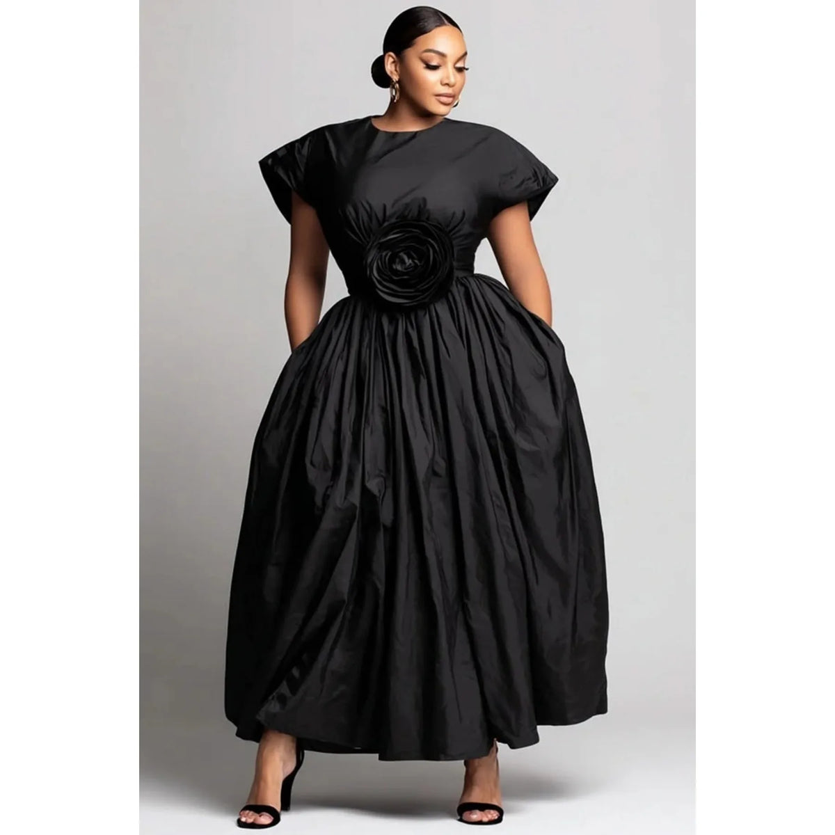 Damen Übergröße Midikleid Rose Applikation Ballkleid Rundhals Kurzarm Hohe Taille Elegantes Formelles Partykleid mit Taschen