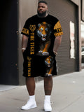 Summer men's casual round neck breathable T-shirt shorts set cool tiger pattern summer outdoor plus size two-piece set