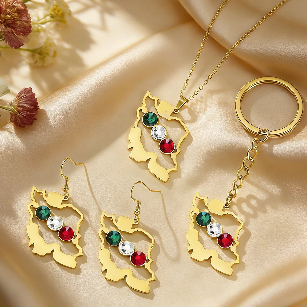 Dawapara Iran Map Pendant Jewelry Sets Zircon Earrings Keychain Necklace for Women Stainless Steel Map Jewellery