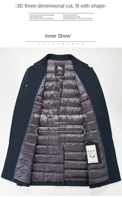 Luxury Brand Long Down Jacket Men's Winter Casual Thick Flip Collar White Duck Down Warm Parka Business Lightweight Trench Coat