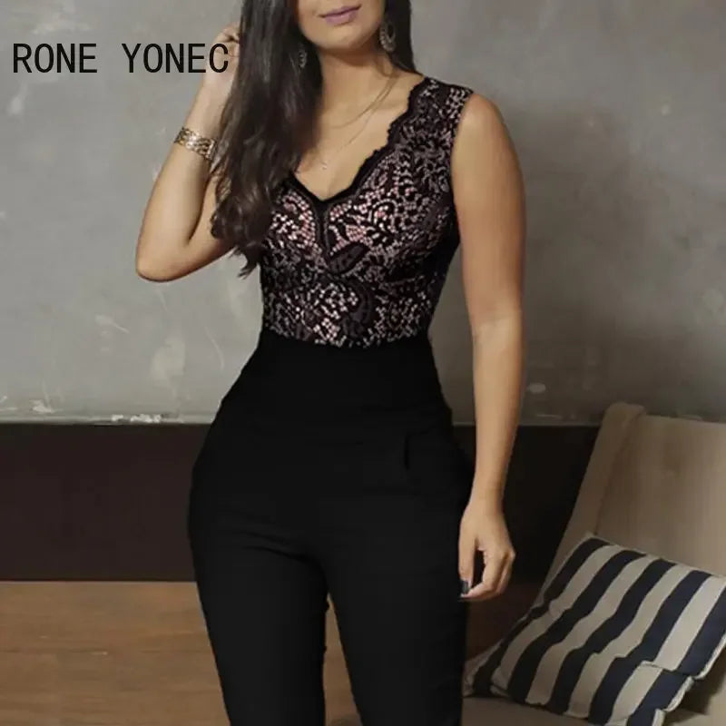 Women Solid Elegant Deep V-Neck Lace Bodice Sleeveless Ankle Length Jumpsuits