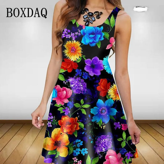 Plant Flowers 3D Printed Women Dress Elegant Sweet Casual Sleeveless A-Line Dresses 2023 Oversized Summer Sexy Clothing Sundress