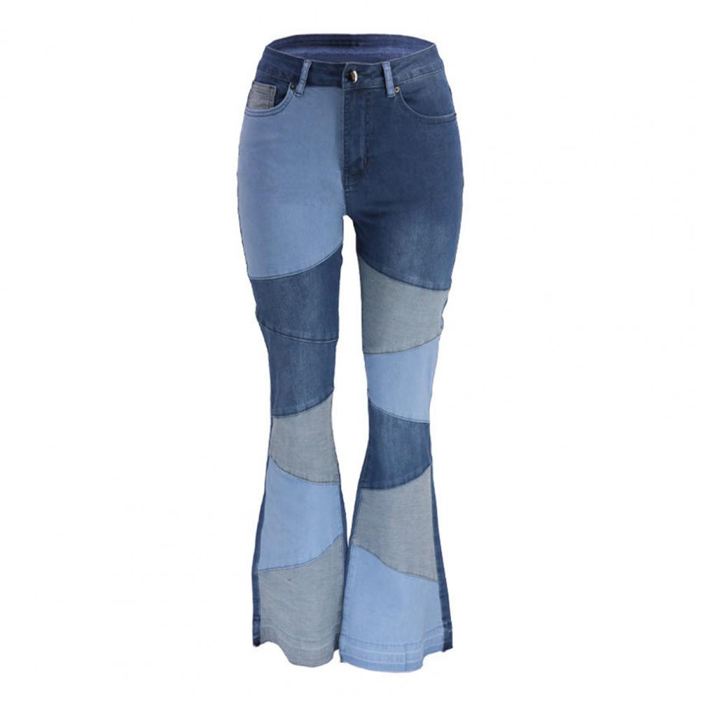 Fashion Women Jeans High Waist Pockets Button Fly  Color Block Wide Leg Denim Pants Streetwear Trousers Women