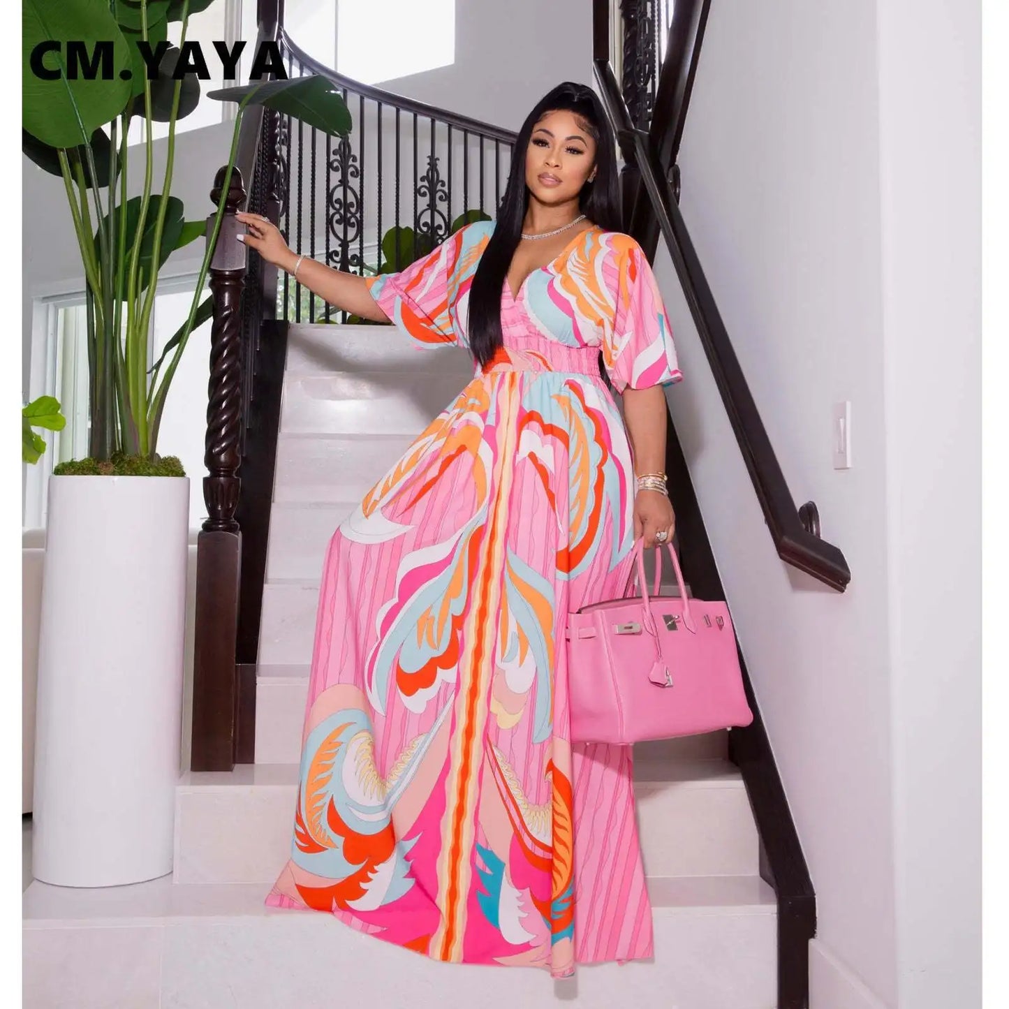 CM.YAYA Elegant Women Paisley Half Sleeve V-neck High Waist Tunic Big Swing Maxi Dress 2022 Summer Chic Sexy Party Long Dresses