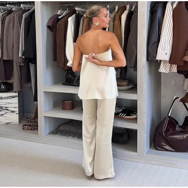 Elegant Tube Tops Women's Trouser Suits Backless Top Wide Leg Pants  Spring Summer High Street Fashion 2 Pieces Set Women