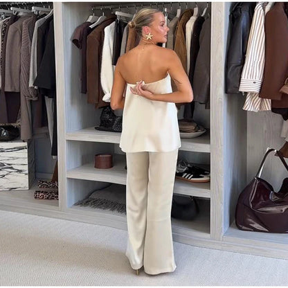 Elegant Tube Tops Women's Trouser Suits Backless Top Wide Leg Pants  Spring Summer High Street Fashion 2 Pieces Set Women