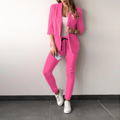 Women's Monochrome Casual Business Suit Temperament Commuting Pants Drawstring Elastic Waist Fashion Slit Suit Two-piece Set