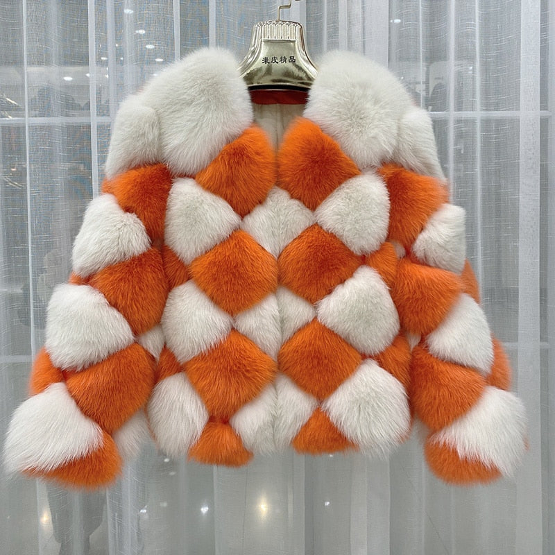 Hot sales New Checkerboard Plaid Pattern Ladies Fashion winter Overcoat Luxury High-end Real Fox Fur Coat Natural Fur Jacket