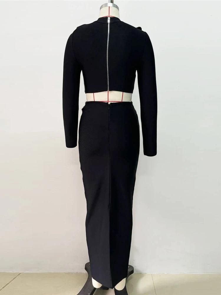 Sexy Long Sleeves Bandage 2-Piece Sets Women Turtleneck Shiny Diamonds Flower Top + Bodycon Mini  Skirts Suits Evening Party Set
