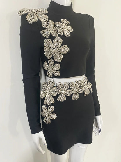 Sexy Long Sleeves Bandage 2-Piece Sets Women Turtleneck Shiny Diamonds Flower Top + Bodycon Mini  Skirts Suits Evening Party Set