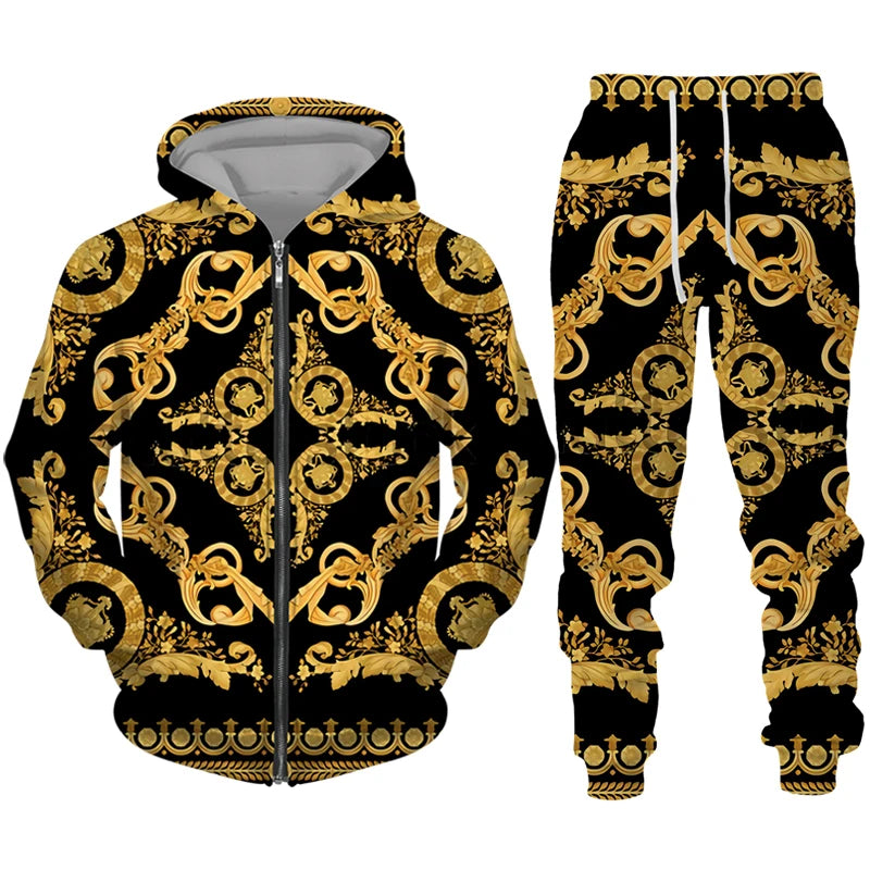 Luxury Golden Pattern 3D Print Men's Zipper Tracksuit Set Casual Hoodie+Pants 2pcs Sets Oversized Sweatshirt Fashion Men Clothes