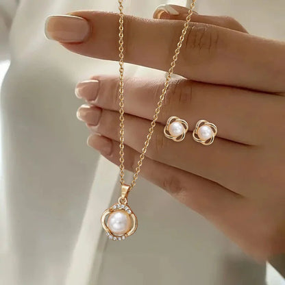 3pcs Shining Zircon Flower Jewelry Sets for Women Light Luxury Imitation Pearl Pendant Necklace Earrings Banquet Party Jewelry