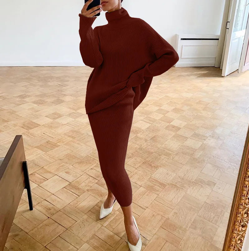 BKQU Knitted Dress Sets Women Loose Turtleneck Sweater Pullover And High Waist Long Skirt Two-Piece Set 2024 Fall Winter Outfits