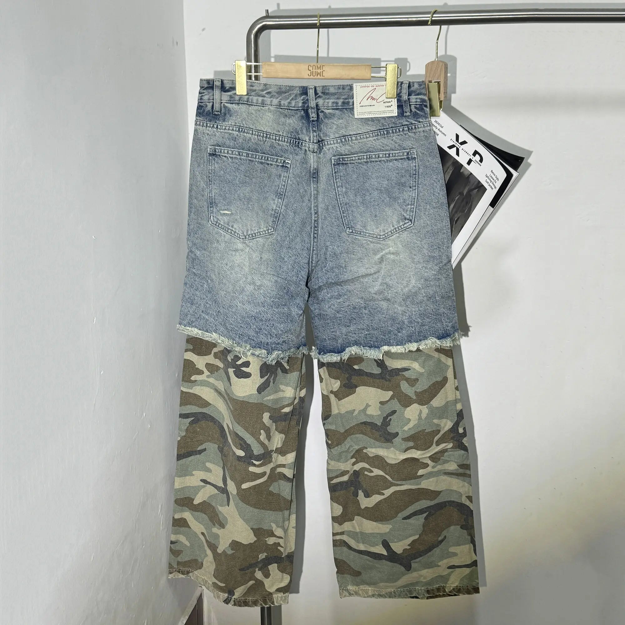 PFNW Niche Design Men's Jeans Washed Distressed Colorblock Splic Fake Two Piece Loose Straight Trousers Wide Leg Pants 28W5474