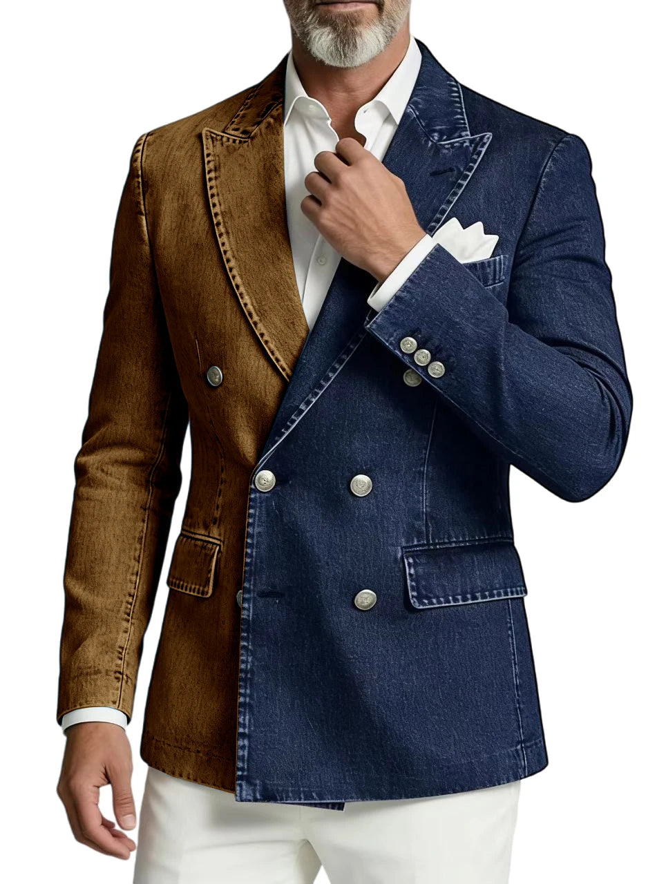 Men Spliced Denim Jacket Peak Lapel Double Breasted Slim Fit Casual Blazer Outing Date Night Trendy Party Fashion Costume Homme