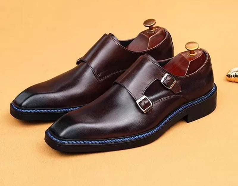 Hochwertige Herrenschuhe aus Rindsleder, eckige Zehenpartie, Doppel-Monk-Strap, Herren-Businessschuhe zum Hineinschlüpfen