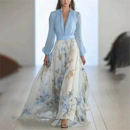 Fashion Floral Print Patchwork Bohemian Dress Woman  Sexy V Neck Hollow Long Dresses Long Sleeve  Puff Loose Maxi Dress