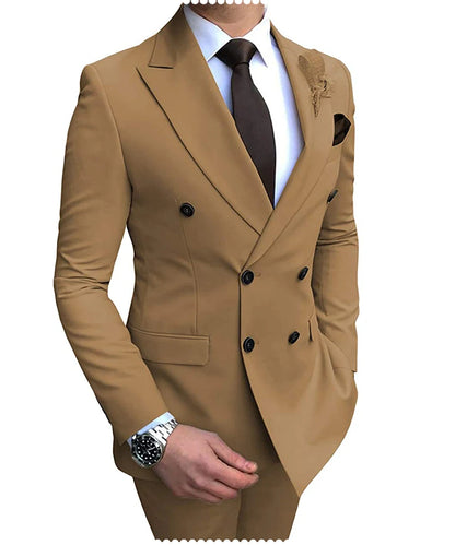 New Beige Men's Suit 2 Pieces Double Breasted Notch Lapel Flat Slim Fit Casual Tuxedos For Wedding(Blazer+Pants)