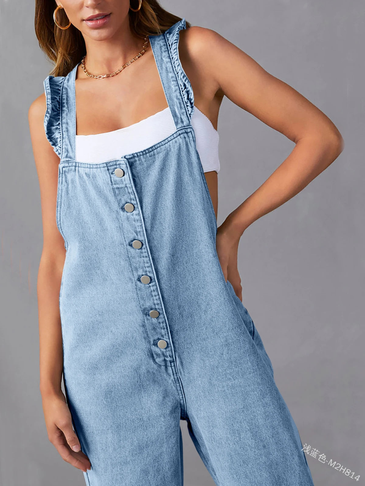 Women's Straight Leg Denim Jumpsuits Ruffle Sleeve Button Down High Waist Straight Leg Jeans Long Denim Rompers With Pockets