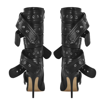 Onlymaker Women Pointed Toe Mid-Calf Boots Buckle Strap Thin High Heel Lady Zipper Female  Stiletto Boots