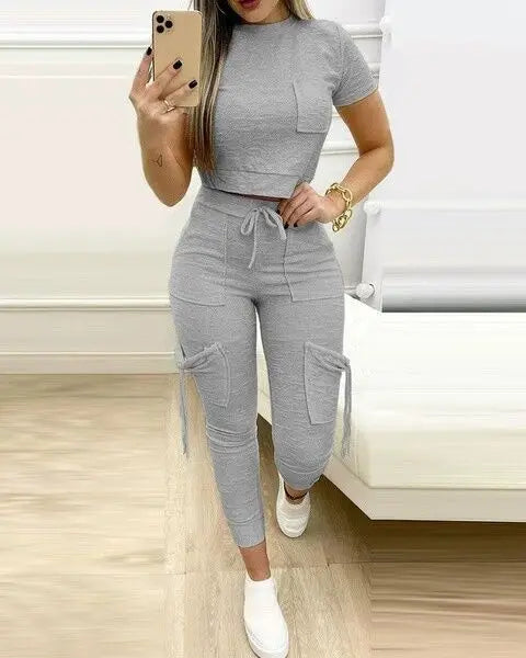 Tight Solid Color Two Piece Set Women Cropped T Shirt Slim Long Pants Pocket Ladies Sets  Spring Summer Sportswear