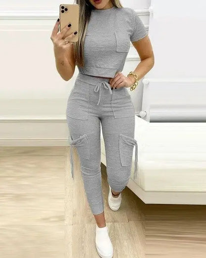 Tight Solid Color Two Piece Set Women Cropped T Shirt Slim Long Pants Pocket Ladies Sets  Spring Summer Sportswear