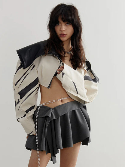 DEAT Fashion Women's Spliced Edge Contrasting Short Jackets Big Lapel Zipper Long Sleeve Short Coat Autumn  New 1DF6153
