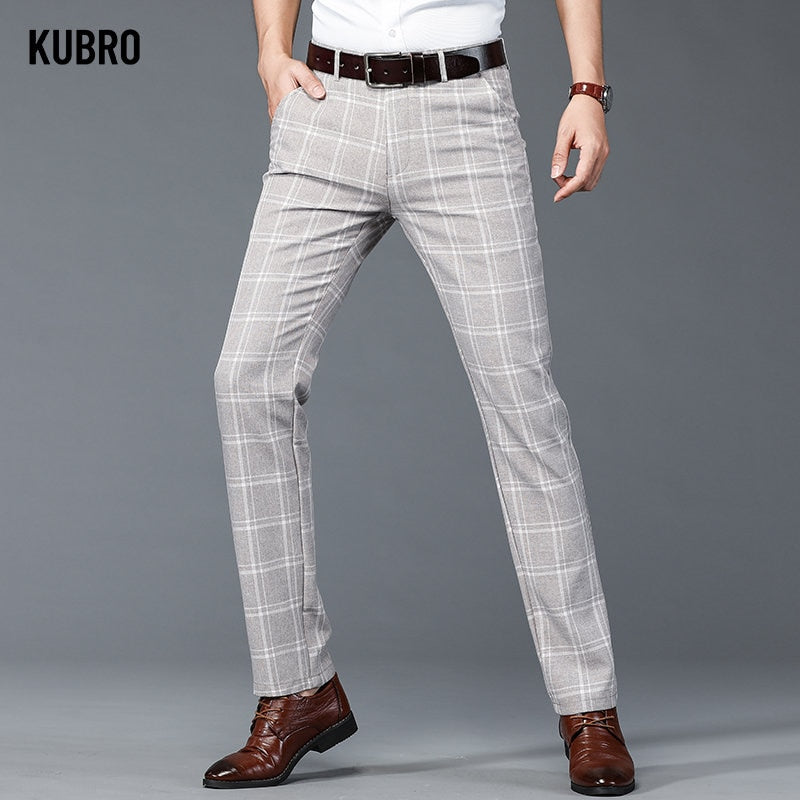 KUBRO 2023 Imitation Linen Trend Plaid Pants New Straight Men&#39;s Casual Personality All Match Pattern Home Brown Grey Trousers