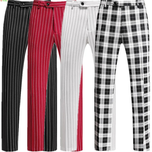 New Autumn Men's Asian Size Slim Fit Suit Pants, Black White Plaid Pant, Red Blue Vertical Striped Trousers. M-5XL 6XL