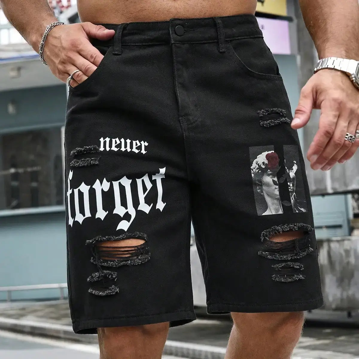 Herren Sommer Stretchy Denim Shorts Jeans Für Herren Streetwear Zerrissene Buchstaben Knielange Baggy Bequeme Cargo Freizeithosen Jeansshorts