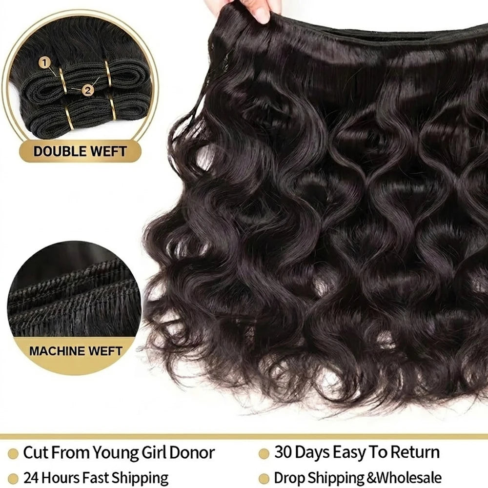 28 30 Inch Body Wave 100% Human Hair Bundles 16A Raw Virgin Brazilian Hair Weaving Bundle Unprocessed Remy Hair Extensions 1 3 4 Pcs Natural Black Color Pure Weave Bundles