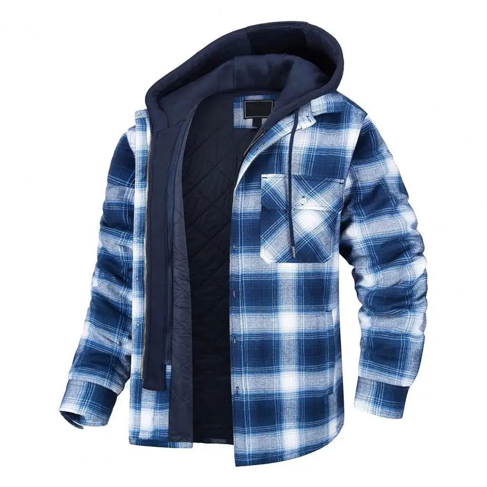 Winter Men's Hooded Jacket Drawcord Fashion Men's Thickened Hooded Cotton Windproof Jacket Plaid Shirt Casual Jacket Travel Jack