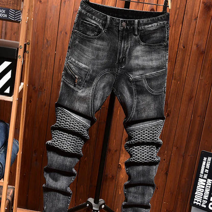 new high end jeans for MEN'S black elastic fashion brand loose straight motorcycle spliced water washed youth bicycle pants