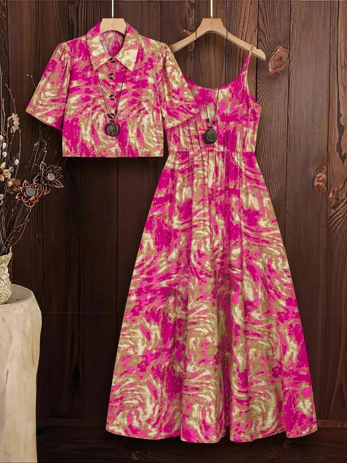 Plus Size Tanktop-Kleid und Oberteil-Set mit Marmormuster, lässiges ärmelloses Kleid und Oberteil, zweiteilige Damen-Outfits für alle Jahreszeiten