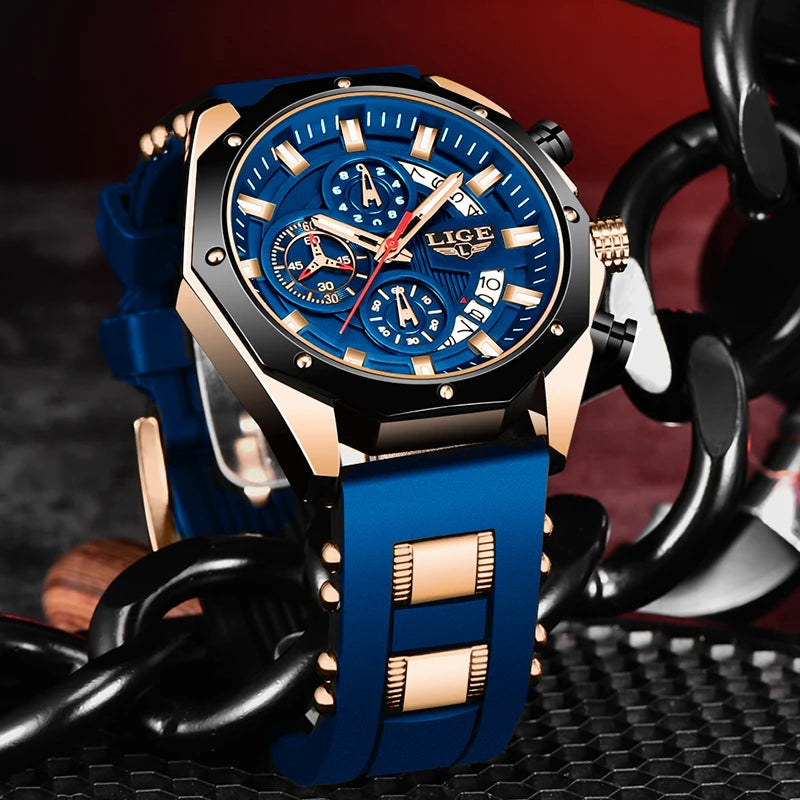 LIGE Casual Sport Men Watch Luxury Quartz Men Watches Military Silicagel Wristwatch Fashion Waterproof Chronograph Watch for Men