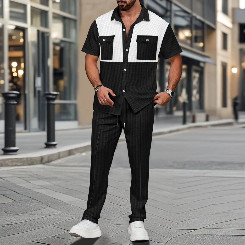 2025 Summer Men's Casual Short-Sleeved Pants Suit Fashion Handsome Tooling Matching Color Shirt Outdoor Cardigan Shirt Two Sets