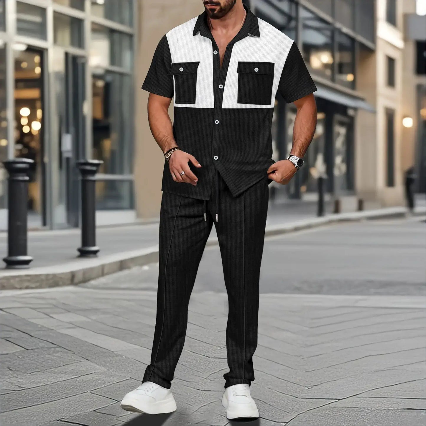 2025 Sommer Herren Casual Kurzarm-Hosenanzug Mode Gut Aussehendes Arbeitsanzug Passendes Farbhemd Outdoor Cardigan Hemd Zweiteiler