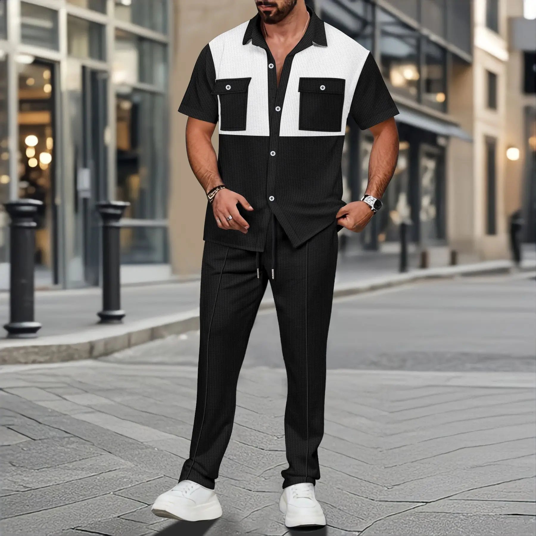2025 Summer Men's Casual Short-Sleeved Pants Suit Fashion Handsome Tooling Matching Color Shirt Outdoor Cardigan Shirt Two Sets