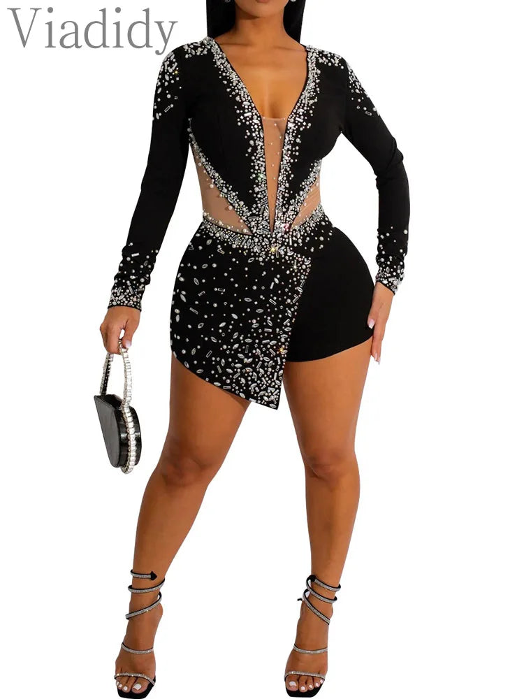 Women Sexy Rompers V-Neck Mesh Rhinestone Skinny Long Sleeve Playsuits