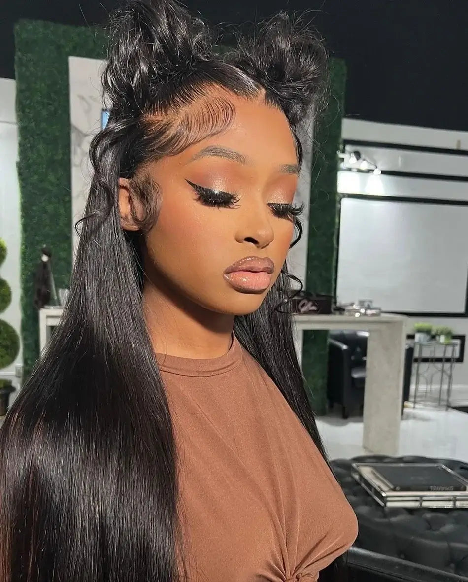 Full 360 HD Lace Frontal Human Hair Wigs PrePlucked For Women Brazilian Bone Straight 13x6 Transparent Lace Front Human Hair Wig model showcasing stylish look.