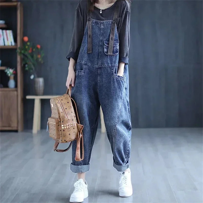 Jumpsuit Women Jeans Rompers New Retro Big Pocket Loose Denim Overalls Fashion Large Size Wide-leg Pants Drop Shipping