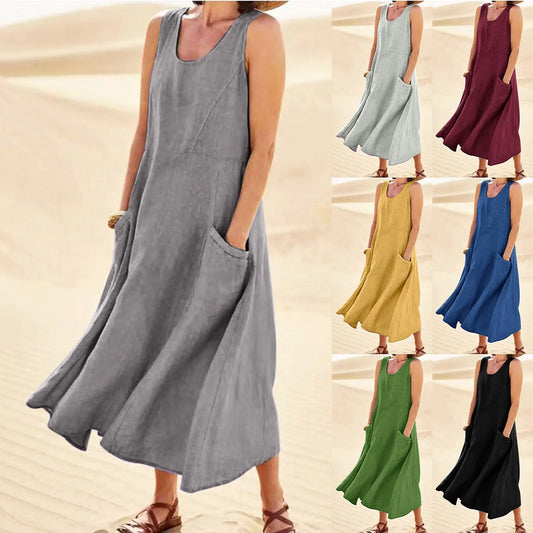 Summer Ladies Vintage Cotton Linen Long Dresses Women Solid Color Sleeveless Boho Maxi Dress Pocket Loose Tank Dresses