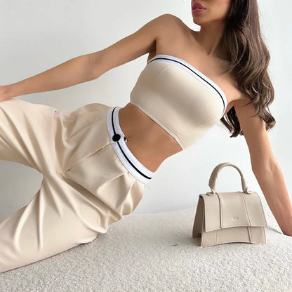Women Two Piece Pant Sets Vest Spliced Sleeveless Strapless High Waist Long Pants Pockets Button Sporty Summer Casual