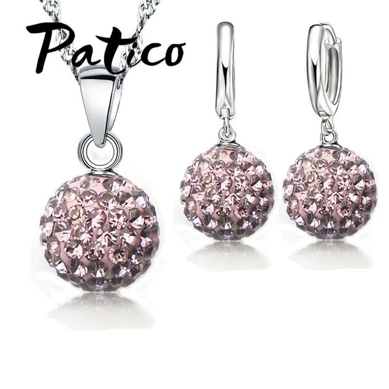 Hot New Jewelry Sets 925 Sterling Silver Austrian Crystal Pave Disco Ball Lever Back Earring Pendant Necklace Woman