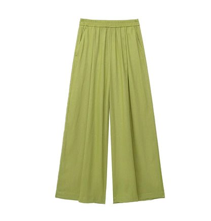 TRAFZA  Women 2 Piece Set Elastic Waist Pocket Folds Decorate Wide Leg Pants+Solid Single-Breasted Slit Hem Blouse Top