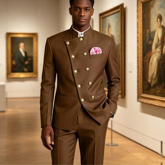Men's Business Casual Suit 2 Piece Brown Mandarin Collar Double Breasted With Gold Buttons