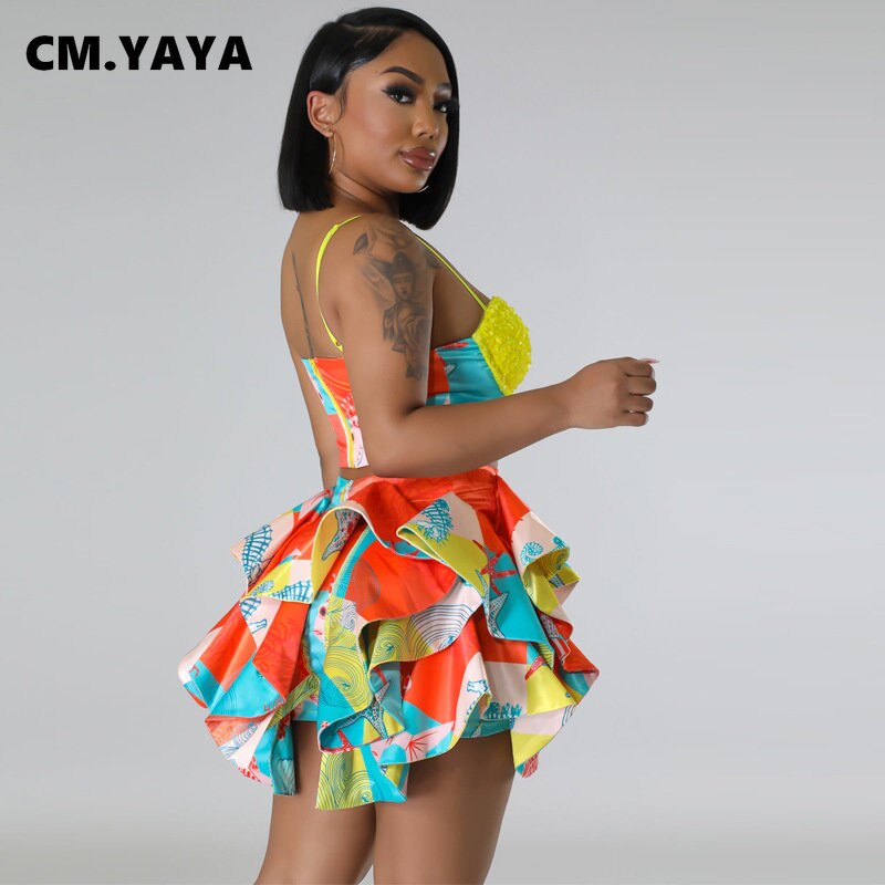 CM.YAYA Women&#39;s Set Sequined Crop Top and Starfish Cascading Ruffles Skirt Shorts 2023 Beach Outfit Two 2 Piece Set Tracksuit