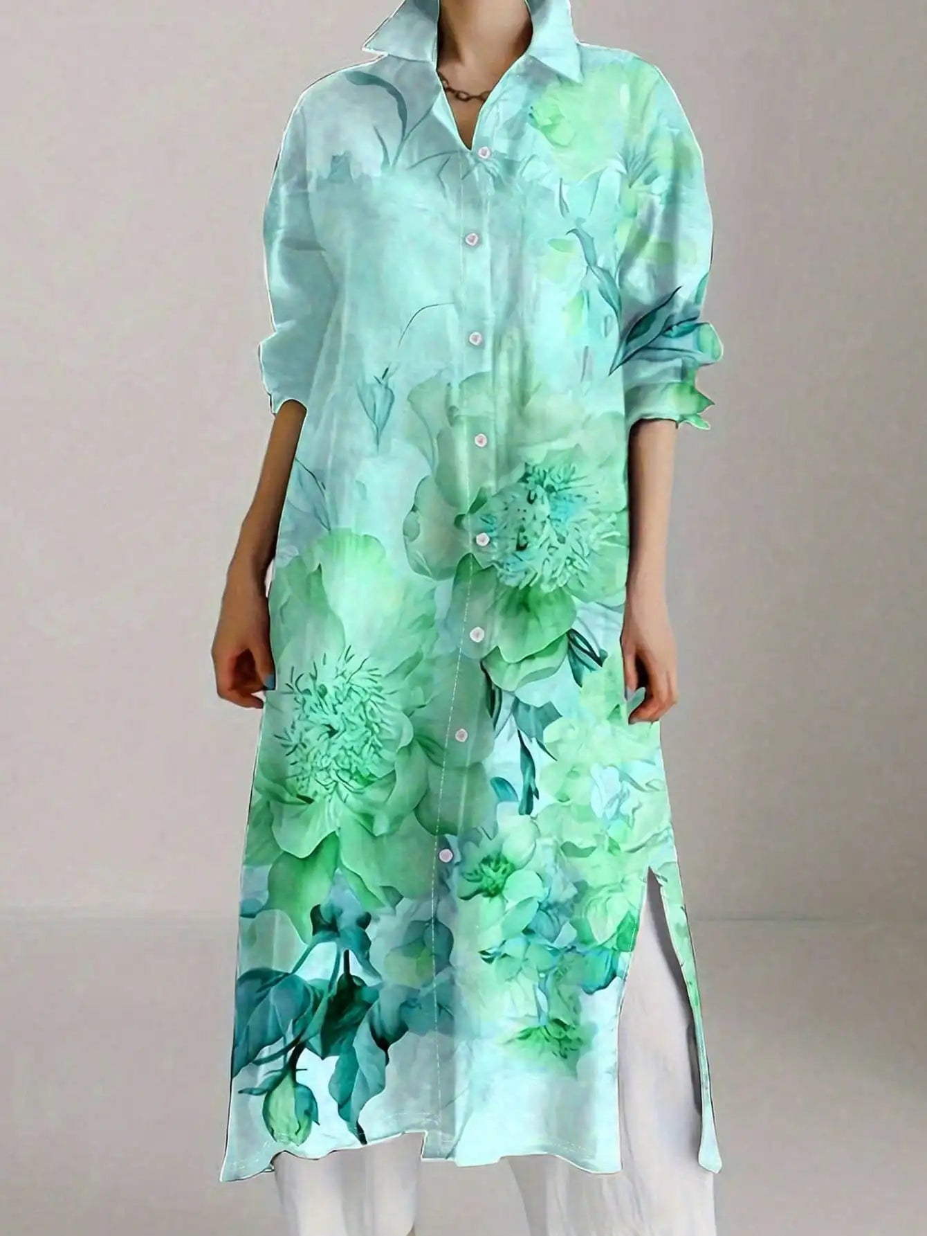 Plus Size Women's Vintage Chic Floral Print Long Sleeve Shirt Dress