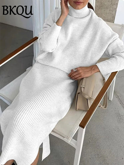 BKQU Knitted Dress Sets Women Loose Turtleneck Sweater Pullover And High Waist Long Skirt Two-Piece Set  Fall Winter Outfits